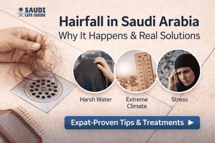 Woman concerned about hair loss in Saudi Arabia looking at mirror