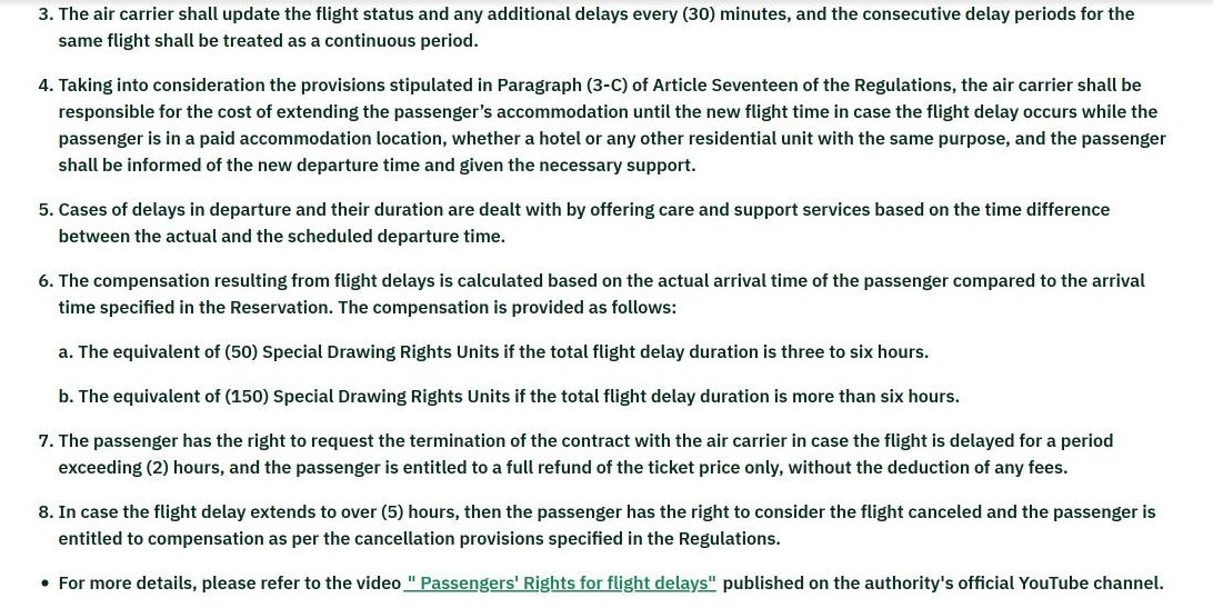 GACA passenger rights page showing flight delay compensation of 50 and 150 SDR in Saudi Arabia