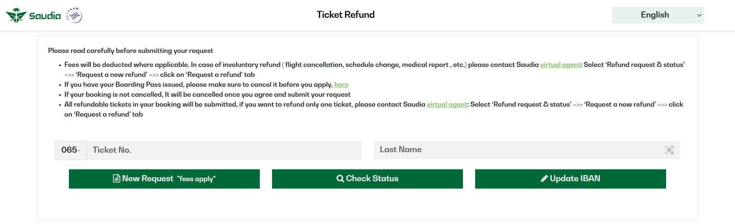 Saudia ticket refund portal with New Request, Check Status and Update IBAN