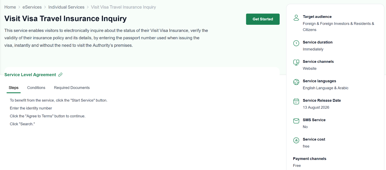 Insurance Authority Visit Visa Travel Insurance Inquiry service page: check visit visa insurance status by passport number, free, released 13 August 2026