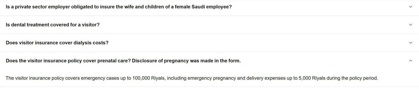 Insurance Authority FAQ answer: visitor insurance covers emergency cases up to 100,000 riyals, including emergency pregnancy and delivery up to 5,000 riyals