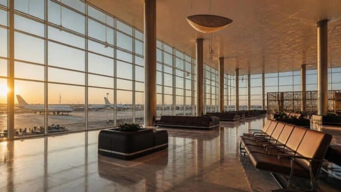 Abha and King Khalid airport attacks: empty Saudi airport terminal departure hall with aircraft outside