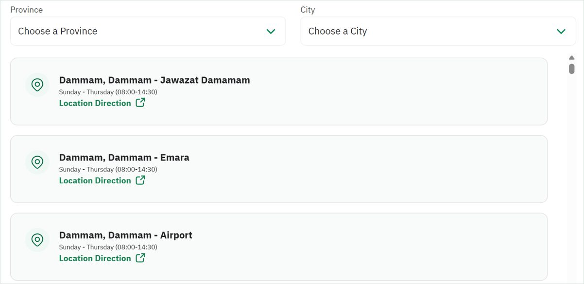 Absher self-service kiosk locator showing kiosk locations in Dammam with opening hours