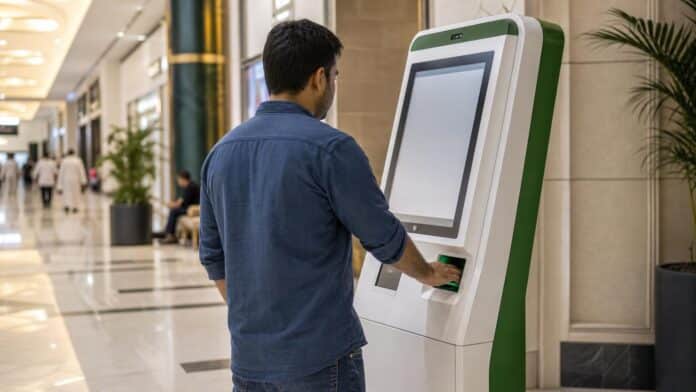 Expat using an Absher self-service kiosk fingerprint reader in a Saudi shopping mall