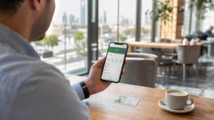 Expat in a Riyadh cafe using the Absher app on his phone to register and activate his account