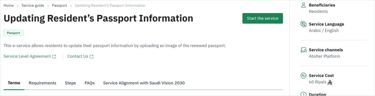 Absher service card for updating resident passport information showing a service cost of 60 riyals