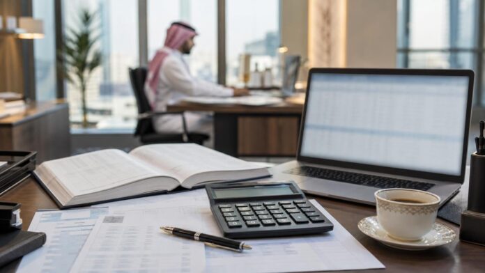 Accounting desk with ledger, calculator and laptop spreadsheet in a Riyadh finance office, a Saudi accountant working in the background