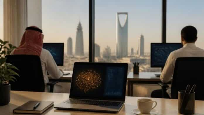 AI impact on expats in Saudi Arabia, professionals working with AI tools in a Riyadh office
