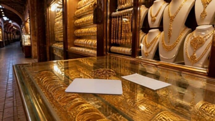 Gold jewellery display in a Saudi souq shop, buying gold in Saudi Arabia