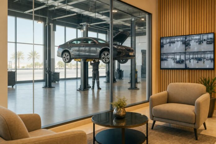 Customer waiting lounge looking through a glass wall at a technician repairing a car on a lift, with a live camera screen