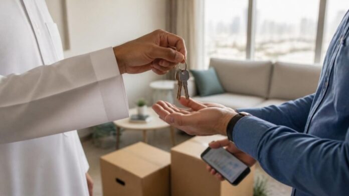 Expat tenant receiving apartment keys from a landlord in a Saudi residential building, with the Ejar contract approval code on a phone