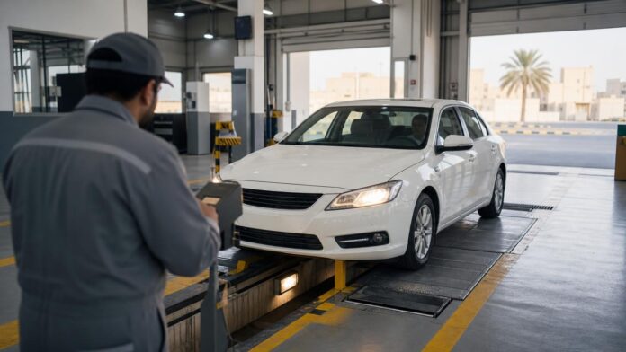 Car on an inspection lane at a vehicle inspection centre in Saudi Arabia while an inspector checks the headlights