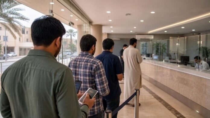 GCC remittances 2025 illustration showing customers queuing at a money exchange branch in Riyadh