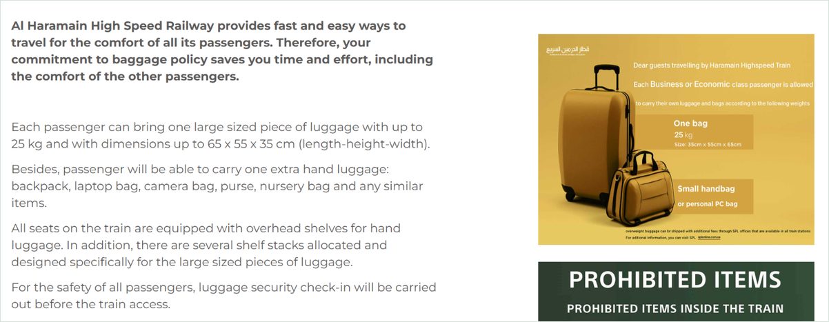 Haramain train baggage policy: one bag up to 25 kg and 65 x 55 x 35 cm plus one hand item