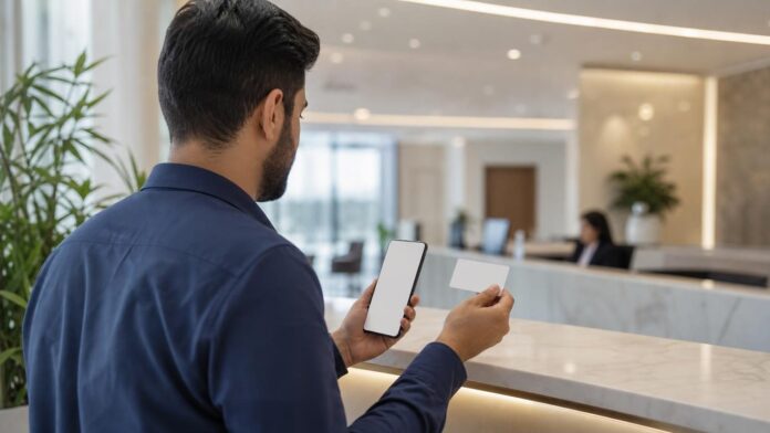 Expat checking his health insurance on his phone at a hospital reception in Saudi Arabia