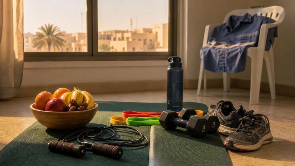 Health tips for expats in Saudi Arabia: home workout mat with resistance bands, skipping rope, dumbbells and a fruit bowl in a Riyadh flat