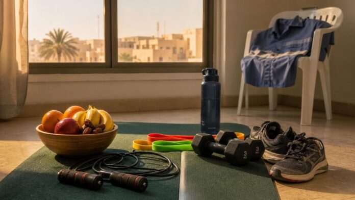 Health tips for expats in Saudi Arabia: home workout mat with resistance bands, skipping rope, dumbbells and a fruit bowl in a Riyadh flat
