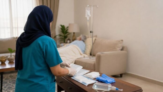 Home healthcare insurance Saudi Arabia, nurse preparing wound dressings and an IV bag for a patient recovering at home in Riyadh