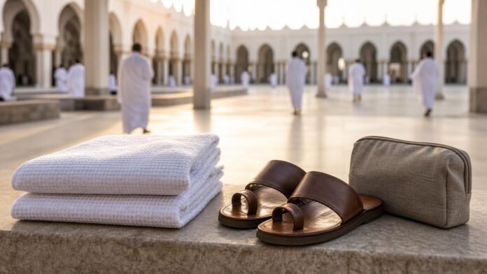 Folded white ihram cloths and sandals on a bench in a Miqat mosque courtyard with pilgrims in ihram in the background