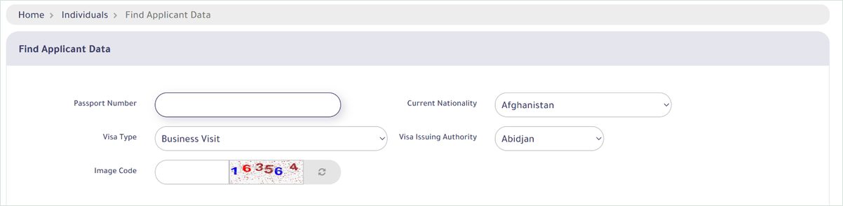 MOFA visa platform Find Applicant Data form with passport number, nationality, visa type and visa issuing authority