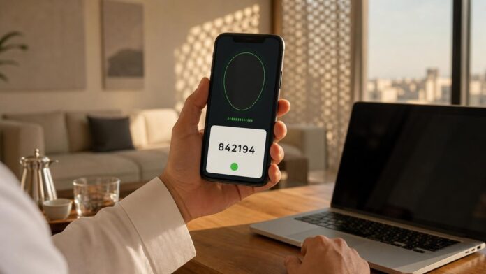 Hand holding a phone at face level showing a face scan frame and a six-digit number, as in Nafath app verification