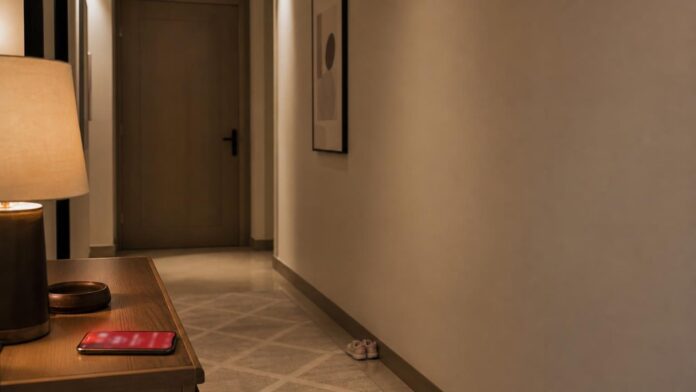 National Early Warning Platform alert glowing on a phone in the inner hallway of a Riyadh home at night