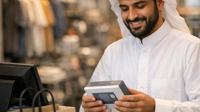Shop worker in a white thobe checking a boxed item at the counter of a shop in Saudi Arabia