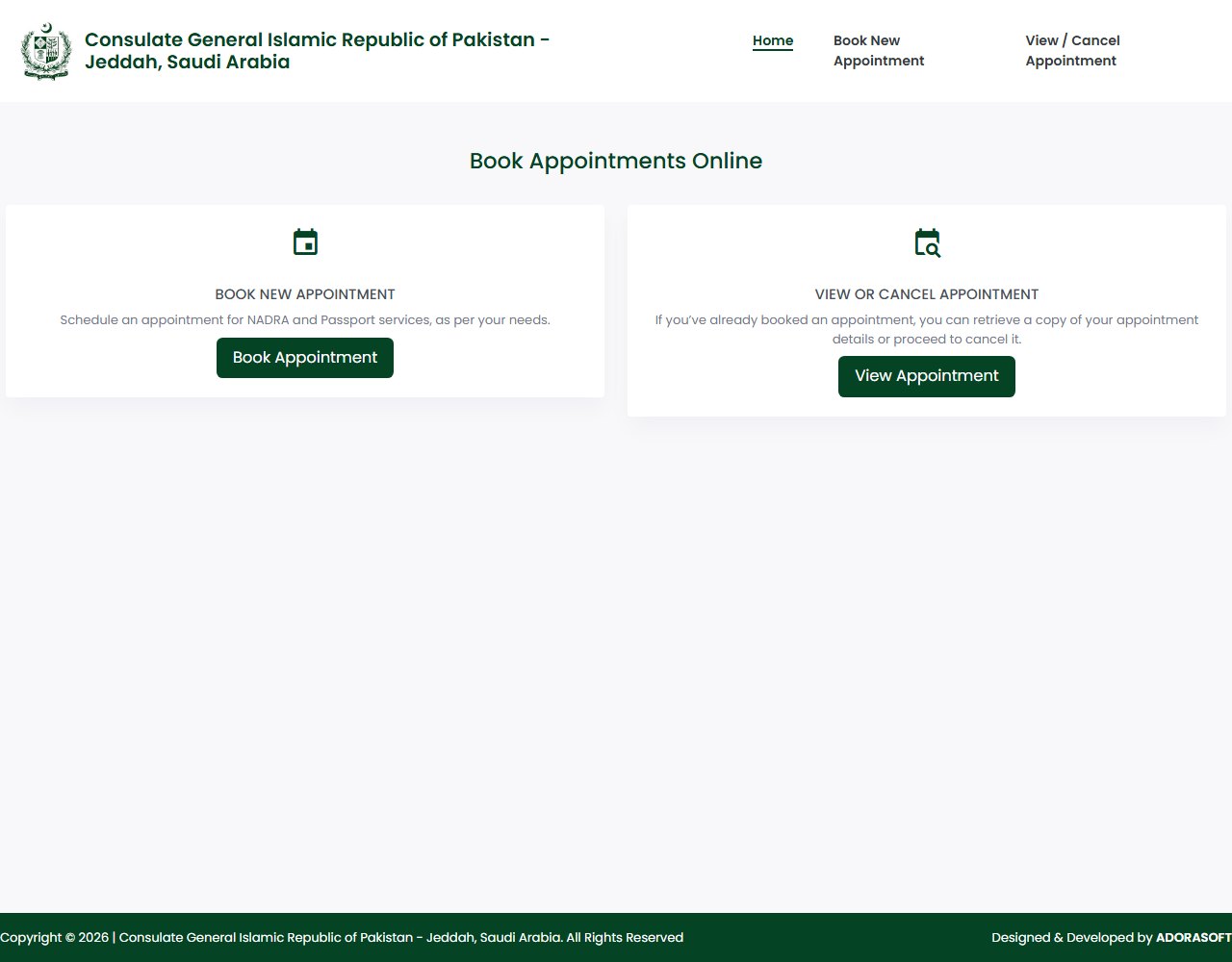 Pakistan Consulate Jeddah online appointment portal with Book Appointment and View Appointment buttons for NADRA and passport
