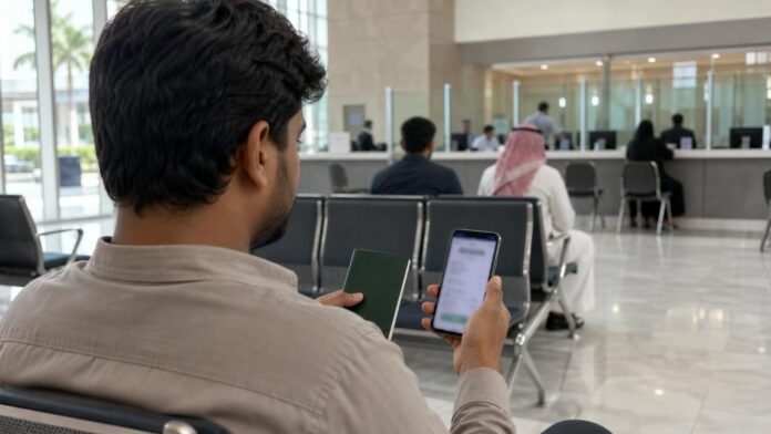 Pakistani expat waiting in a consular service hall holding a green passport and a phone with an appointment confirmation