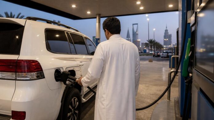Driver filling up at a petrol station in Riyadh, petrol price in Saudi Arabia