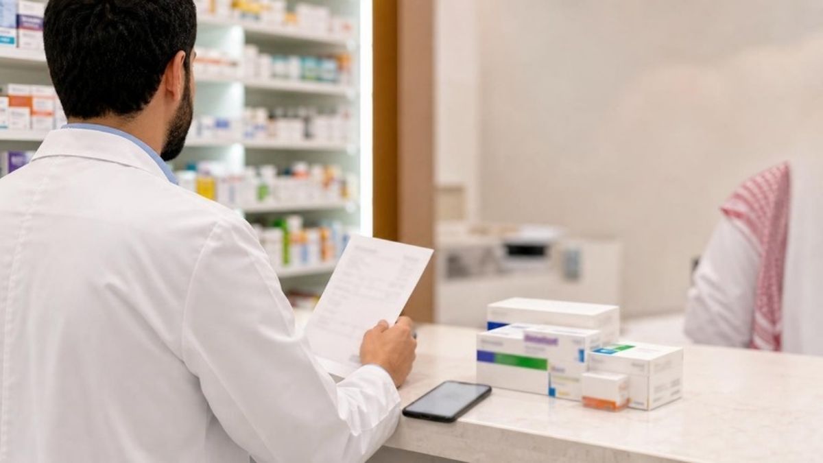 Prescription rules in Saudi Arabia: a pharmacist checks a printed prescription at a Riyadh pharmacy counter