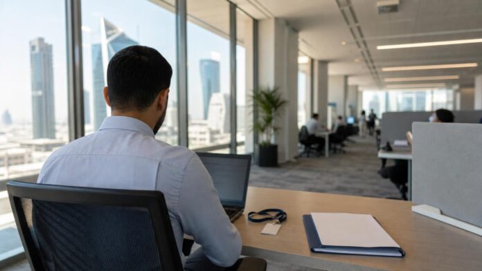 New employee at his desk in a Riyadh office during his probation period