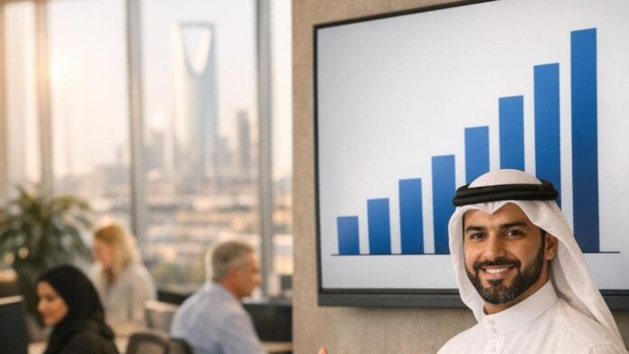 Saudi manager beside a bar chart in a Riyadh office with staff at desks and Kingdom Centre in the window