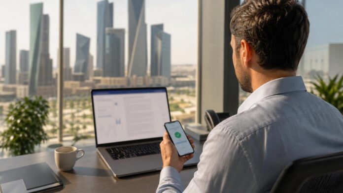 Expat employee at a Riyadh office desk reviewing an employment contract on a laptop with a phone approval in hand
