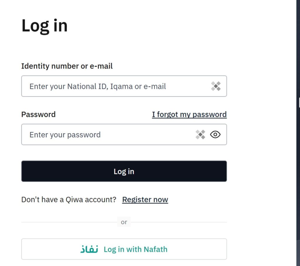 Qiwa login page: identity number or e-mail field for National ID, Iqama or e-mail, password, I forgot my password, Register now and Log in with Nafath