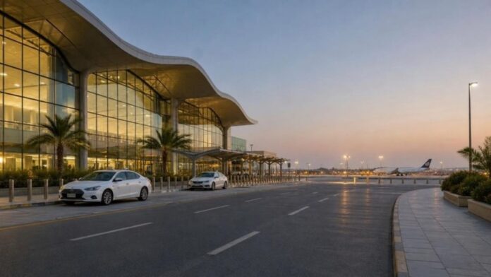 Riyadh airport attack: King Khalid International Airport terminal exterior at dusk, illustrative image