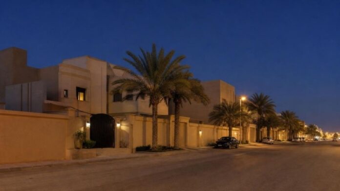 Riyadh missile debris news, quiet residential street of villas in Riyadh at dusk