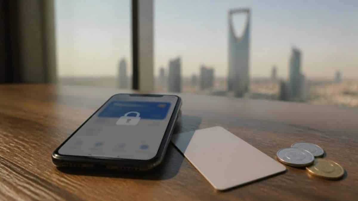 Saudi bank account frozen: smartphone showing a locked banking app on a desk with the Riyadh skyline behind