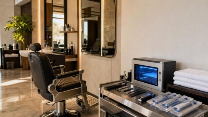 Saudi barber shop rules, sterilised tools and empty barber chair in a clean Riyadh barber shop