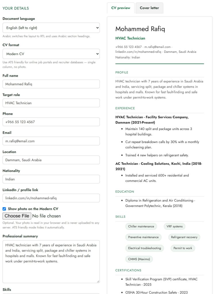 Saudi CV format being filled in our free CV maker, with the live CV preview on the right