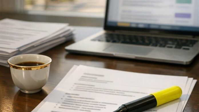 Recruiter desk in a Saudi office with a printed one-page CV being highlighted next to Arabic coffee