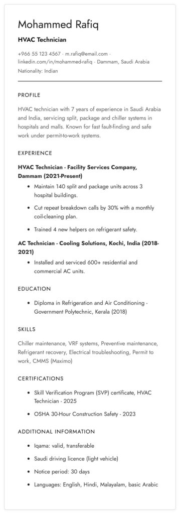 ATS friendly Saudi CV format, single column without photo