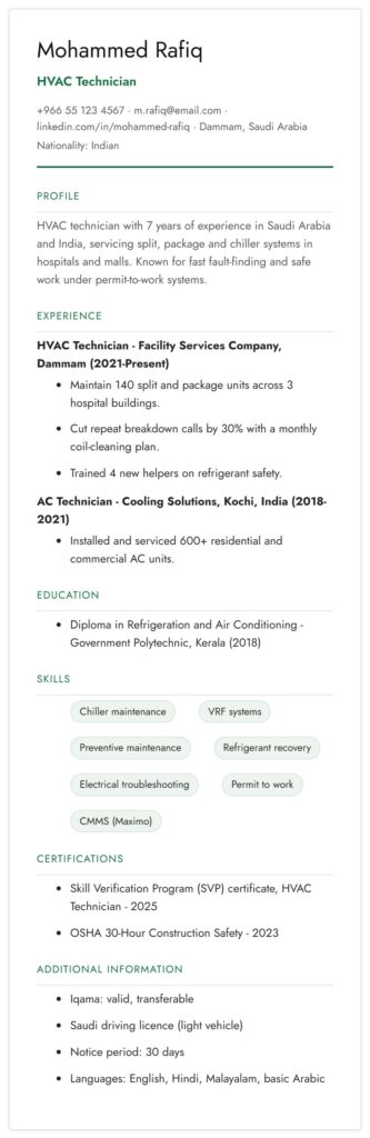 Sample Saudi CV format for an HVAC technician in Dammam, modern layout