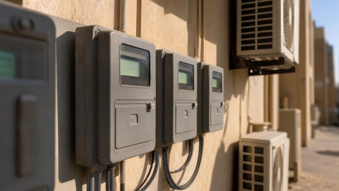 Row of digital electricity meters on the outside wall of a Saudi apartment building next to air conditioning units