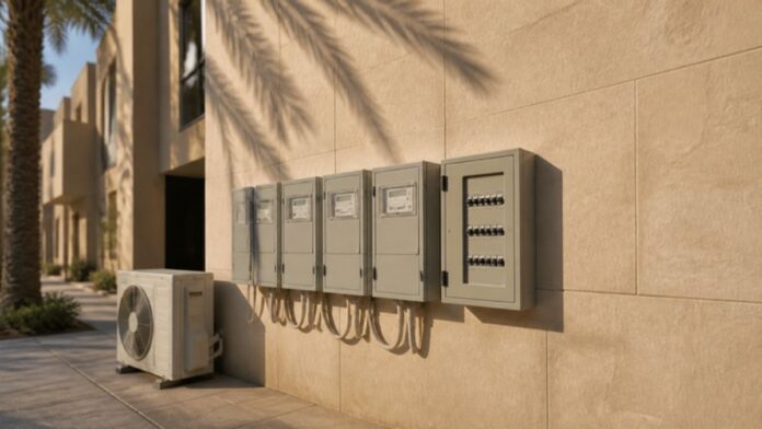 Saudi electricity tariff 2027, residential electricity meters on a Riyadh apartment wall