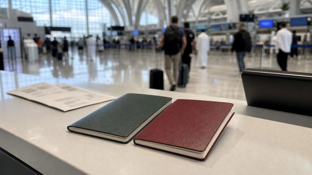 An ordinary green passport and a red diplomatic-style passport on an airport check-in desk in Jeddah