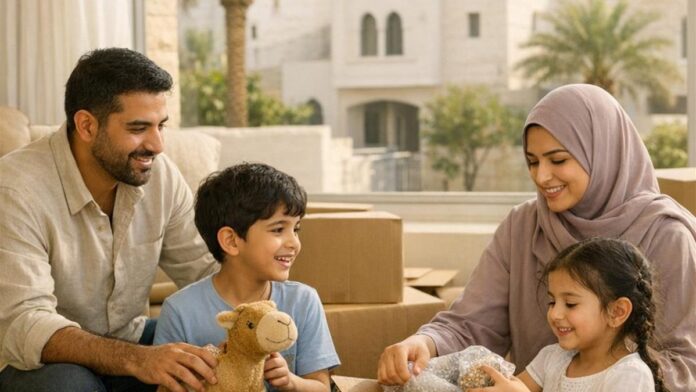 Expat family unpacking moving boxes in their new home in Riyadh after getting Saudi Premium Residency