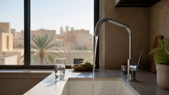 Kitchen tap running water in a Riyadh flat, illustrating the Saudi water tariff 2027