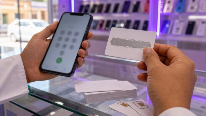Hands holding a smartphone dial pad and a prepaid recharge card at a mobile shop counter in Saudi Arabia