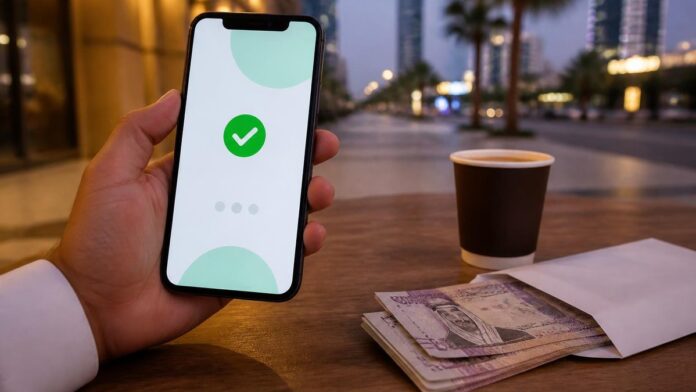 STC Bank international transfer fee: a phone showing a completed money transfer next to Saudi riyal notes in an envelope at a Riyadh cafe